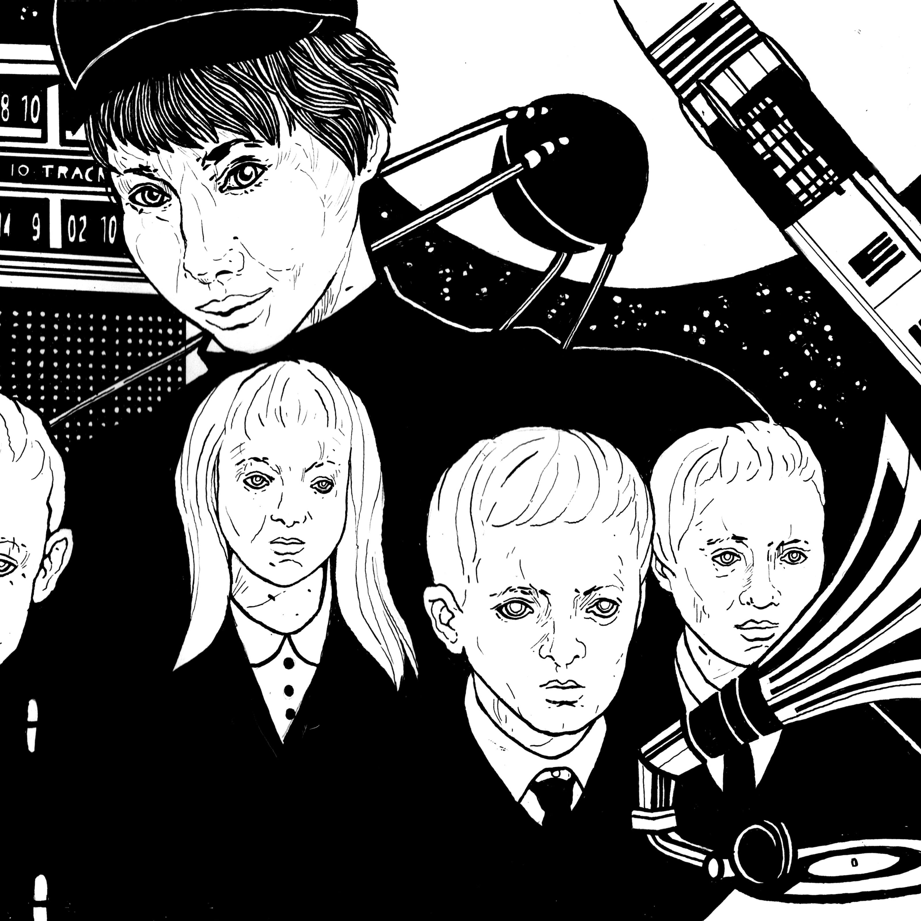 An illustration in which a young woman in a hat stands behind four eerie-looking pre-teen children. In the foreground is a gramophone; in the background are a space rocket, a satellite and a radio.