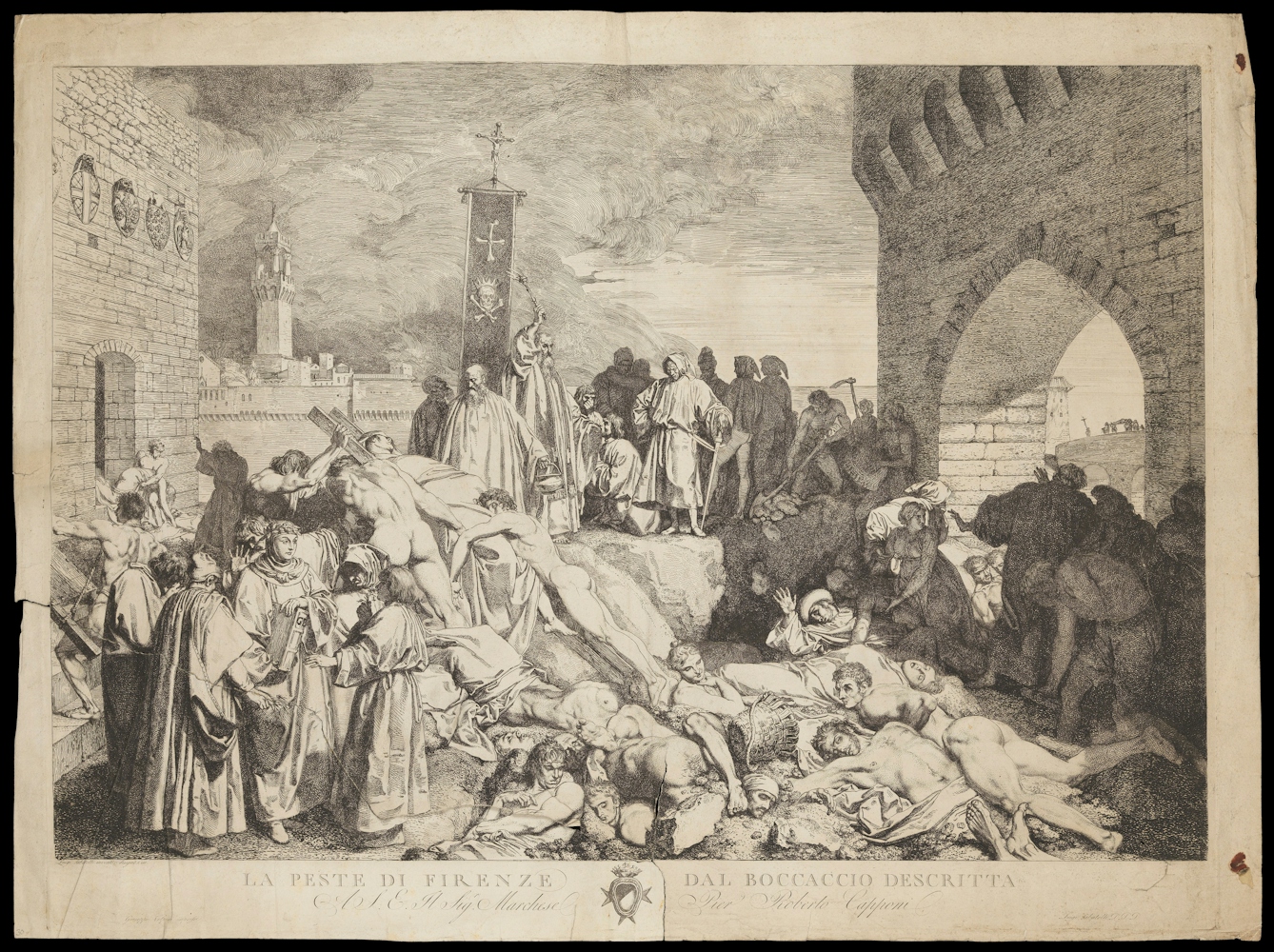 Black and white etching showing a large pile of bodies being dragged into a pit. People who appear from their robes to be monks perform rites or anxiously grasp bibles.