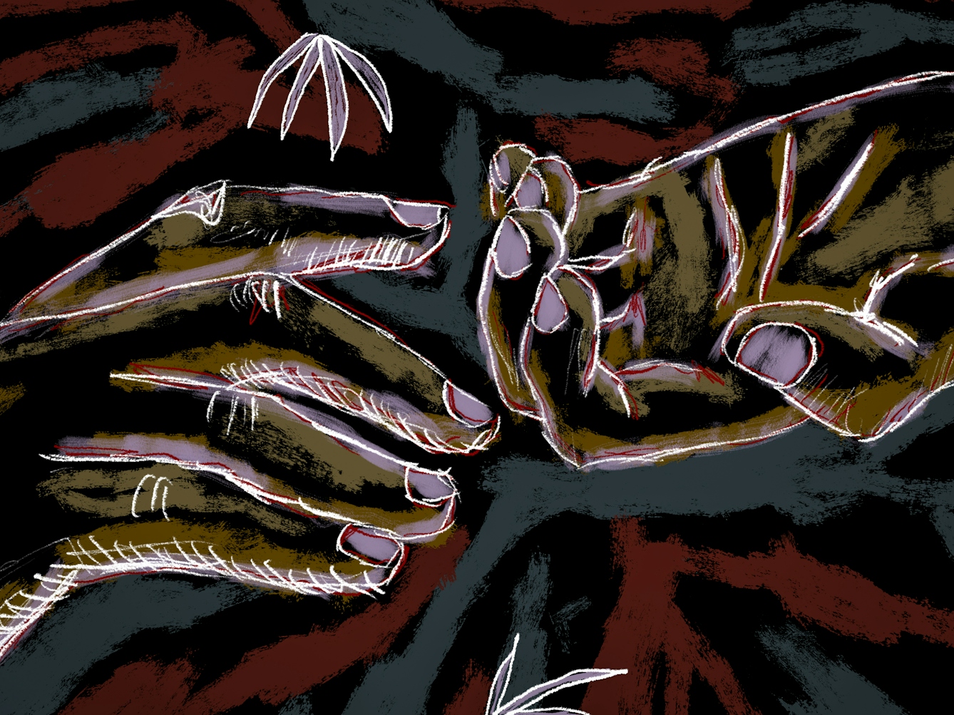 Detail from a larger colour digital artwork showing a figurative study of a pair of hands gracefully suspended in mid air, visible from just above the wrists. The hand on the right is held palm upwards, fingers slightly bent. The hand on the left is palm down, fingers extended slightly towards the other hand but not making contact. The background is made up of dark textured rough lines of dark red, dark blue greys and blacks, punctuated by white outlined leaf-like plants.