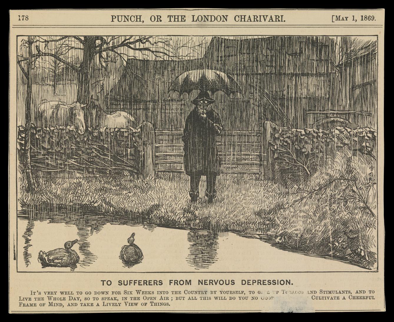 Photograph of a wood engraving from a 1869 newspaper, showing a depressive man holding an umbrella, standing by a country pond in the pouring rain. Beneath the engraving is the title, ‘To sufferers from nervous depression’.