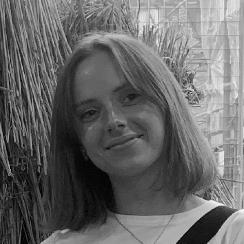 Black and white photograph of designer Niamh Thompson