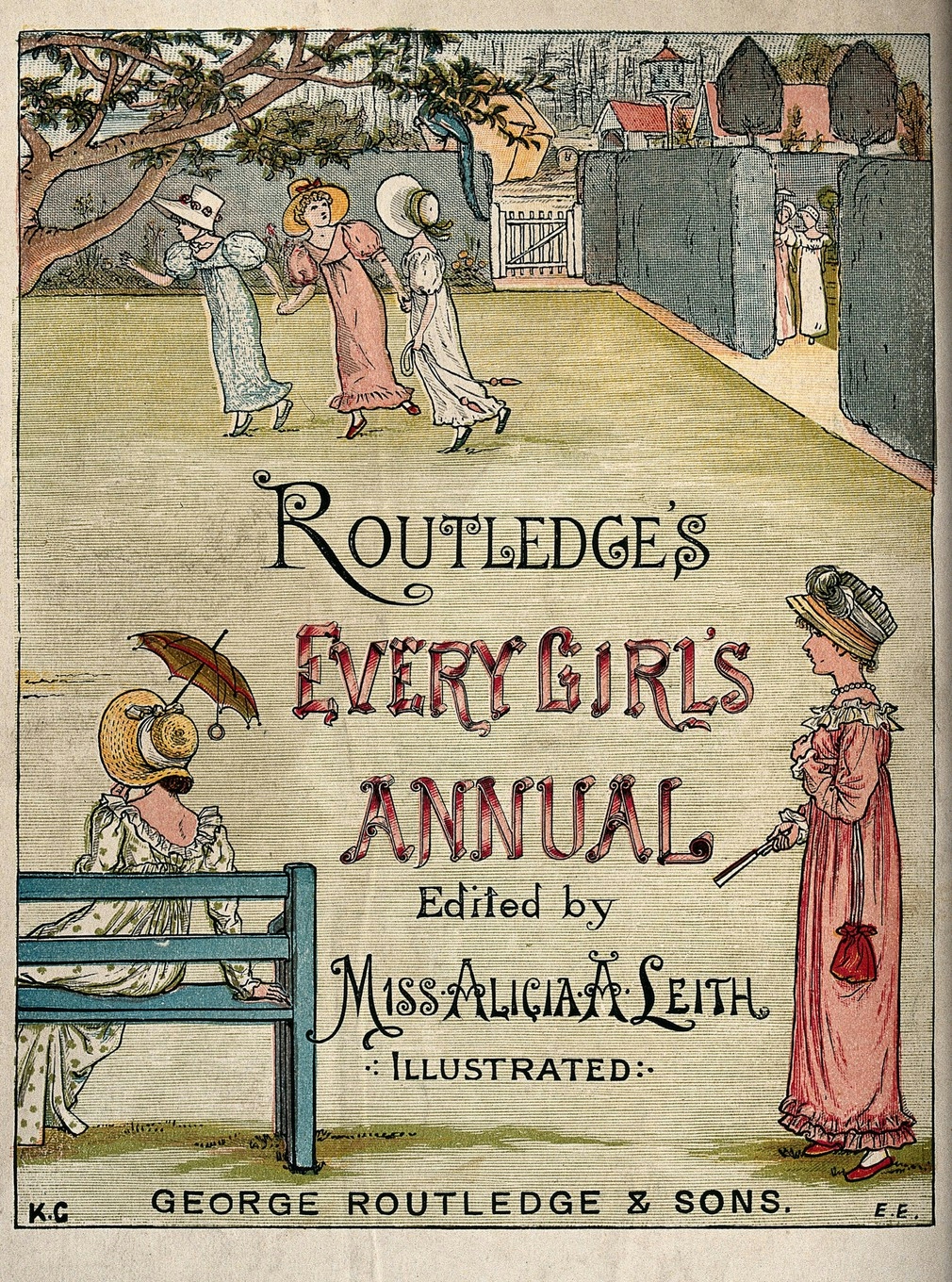 Colour illustration for a book cover with well-dressed young women in a garden