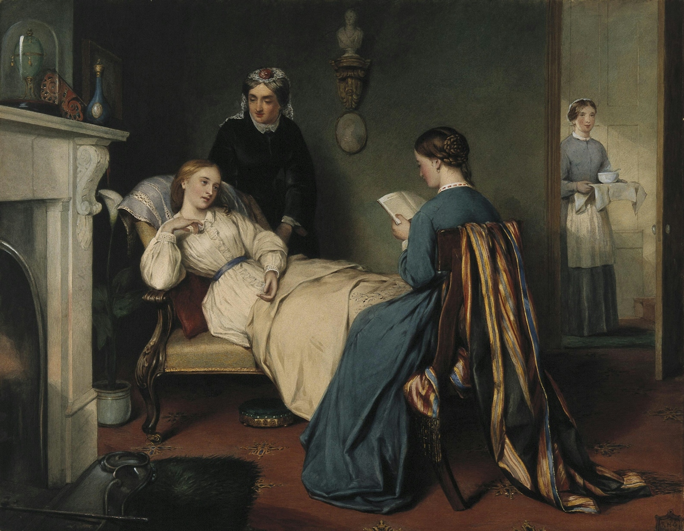 Painting of a 19th century scene of a room in which young woman reclines on a chaise longue by a stone fire palce, while an older woman stands behind, tending to her. Another young woman with her back to the viewer sits on a chair reading to the convalescent. An older woman stands behind the chaise tending to the convalescent. A maid stands in the open doorway carrying a steaming bowl of soup on a tray.