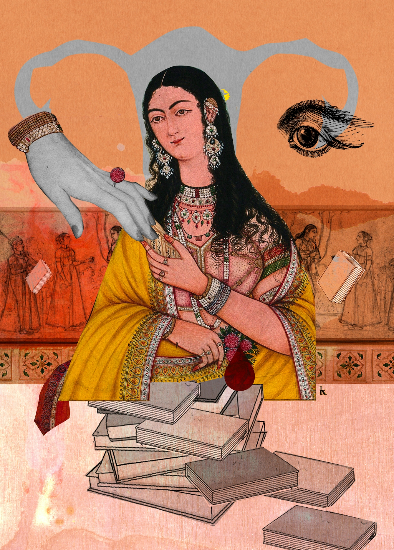 Mixed media digital collage on a pink and orange textured fabric and watercolour background.  A regal South Asian woman is touching fingers with a hand that appears to be coming from the location of the left ovary of female reproductive system.  The right ovary has been replaced with an eye.  Below her are books that symbolise knowledge and education.  