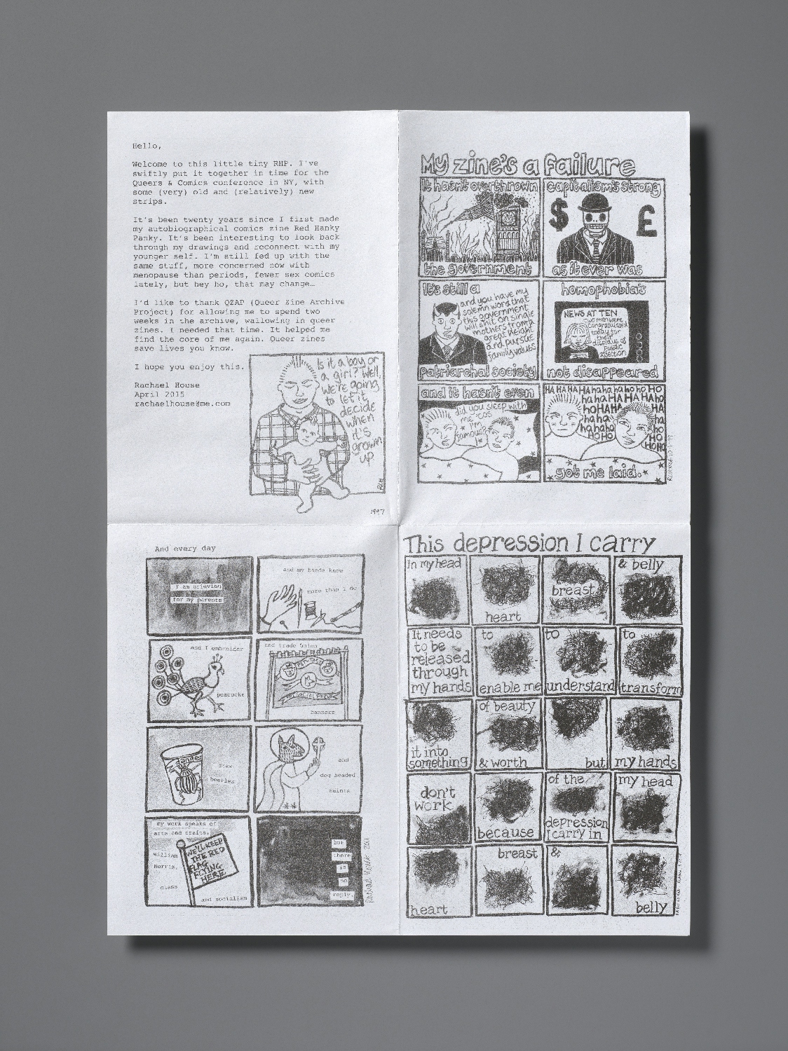 A large sheet of paper folded into four pages, each containing detailed text and comic panels from the zine ‘Red Hanky Panky 9’. The top left page is an introduction to the zine by the zine-maker and the other three pages each contain a different comic strip, with the titles: ‘My zine’s a failure’, ‘and every day’ and ‘This depression I carry’.