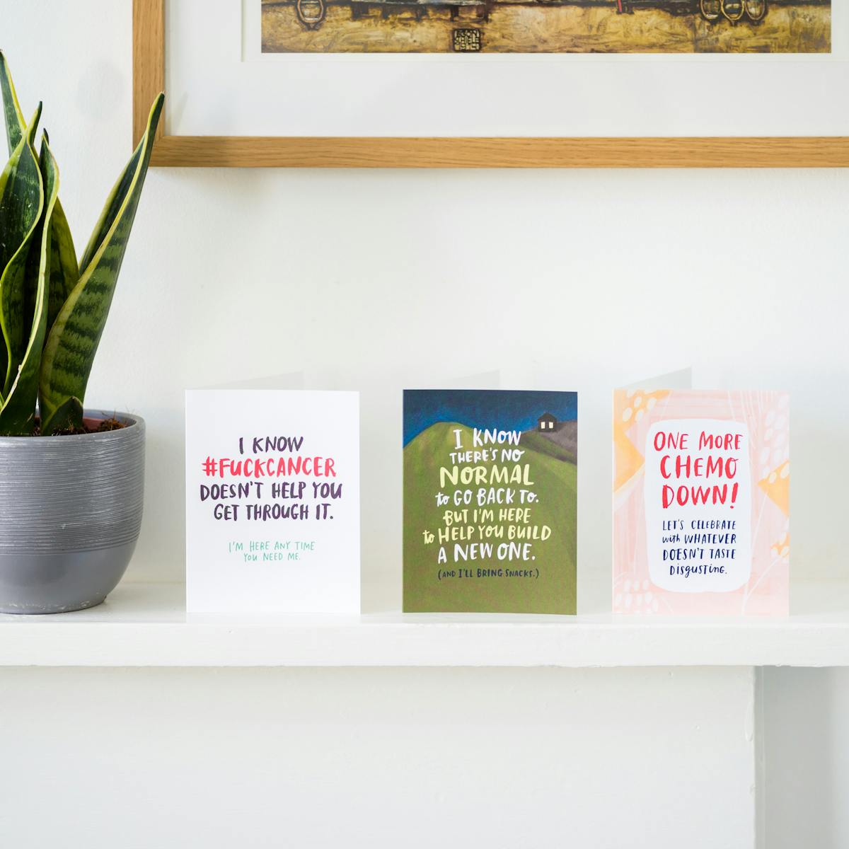 Photograph of a white mantlepiece against a white wall. On the mantlepiece is a cactus plant in a silver plant pot, next to which there are three greetings cards. One card reads, 'I know #fuckcancer doesn't help you get through it, I'm here anytime you need help'. The next reads, 'I know there's no normal to go back to but I'm here to help you build a new one (and I'll bring snacks)'. The last reads, 'One more Chemo down! Lets celebrate with whatever doesn't taste disgusting'.