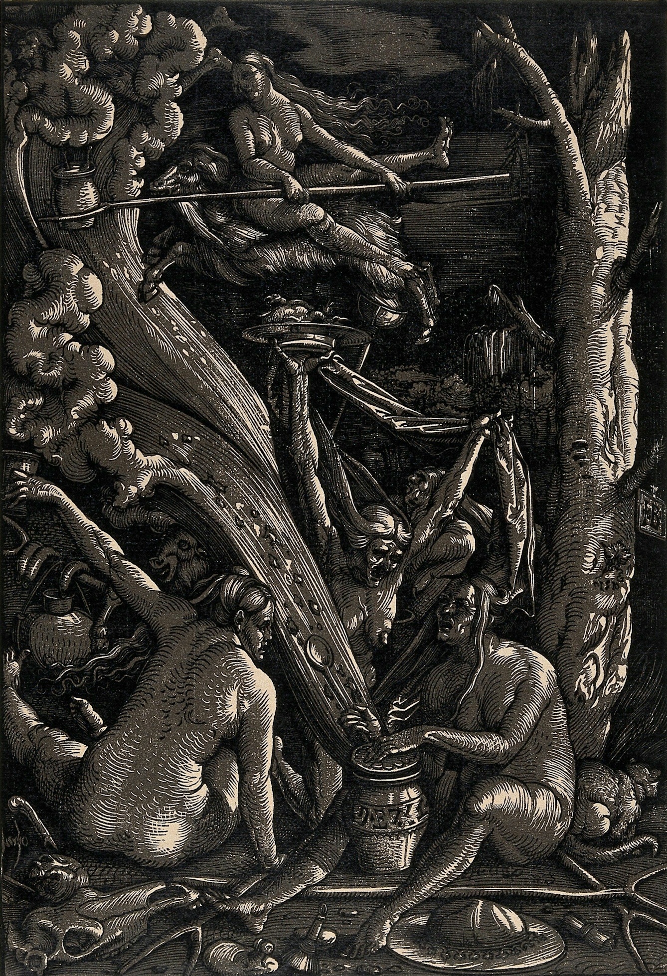 Monochrome illustration, very dark in tone, with one naked woman riding a flying goat and three or four others seated below at the base of a tree preparing drugs in a pot.