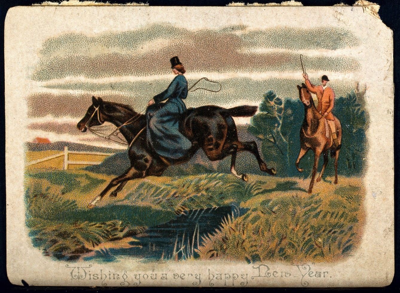 Colour greetings card featuring a picture of a woman in a blue dress riding a horse.