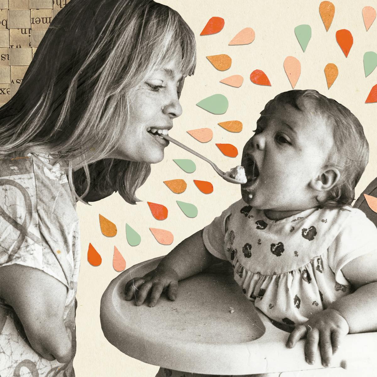 Mixed media artwork made up of an archive photograph, archive leaflets and cut out coloured shaped. The image shows a black and white sepia toned photograph which has been cut out of its original scene. The photograph shows a mother feeding her young child who is sat in a high chair. The mother is feeding the child using a spoon of food held in her mouth. The mother has short arms as a result of her mother being prescribed thalidomide when she was pregnant. The young child is leaning forward, mouth open, ready to eat from the spoon. Behind the mother to the left is a three dimensional lattice weave of an archive leaflet. The word are scrambled up but it gives a sense of texture. Radiating out from the mother's head and the child's head are droplet shaped pieces of card, resting on top of the cream background of the image. These droplets are orange, light green, pink and mustard colours. They add a sense of energy, action and joy to the image.