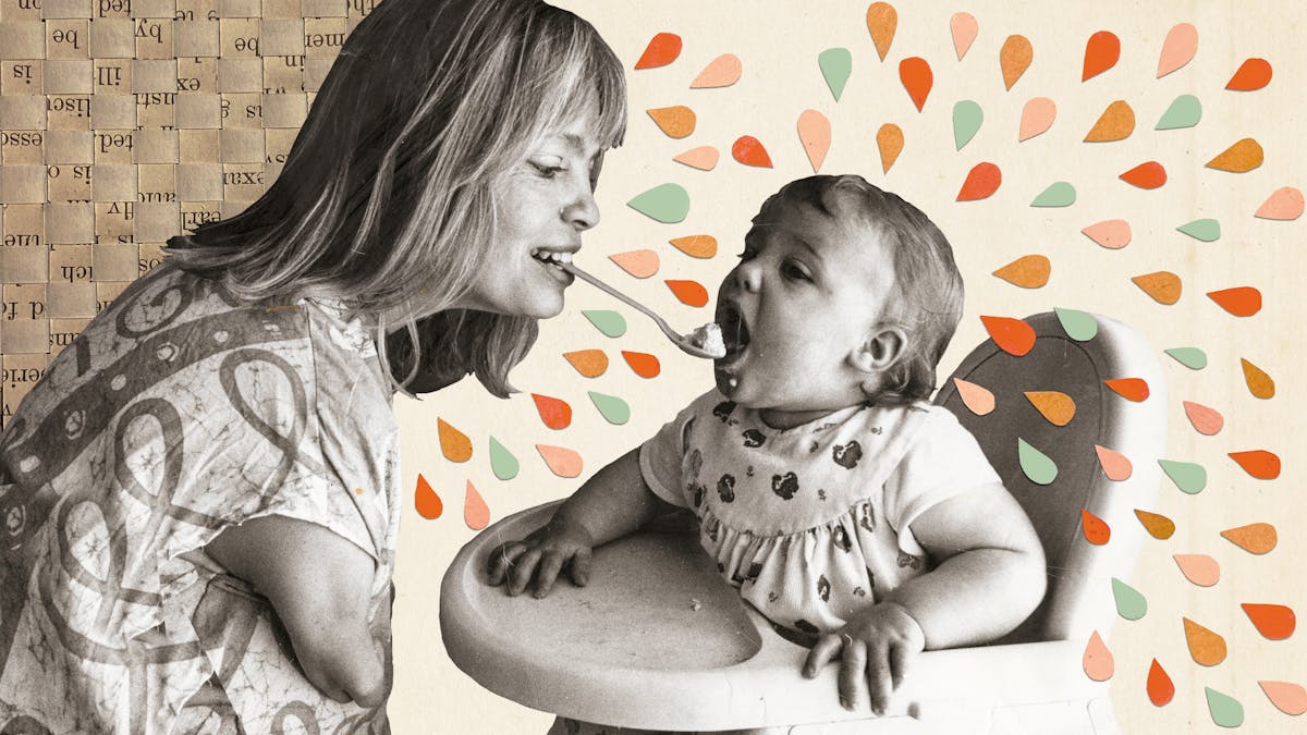 Mixed media artwork made up of an archive photograph, archive leaflets and cut out coloured shaped. The image shows a black and white sepia toned photograph which has been cut out of its original scene. The photograph shows a mother feeding her young child who is sat in a high chair. The mother is feeding the child using a spoon of food held in her mouth. The mother has short arms as a result of her mother being prescribed thalidomide when she was pregnant. The young child is leaning forward, mouth open, ready to eat from the spoon. Behind the mother to the left is a three dimensional lattice weave of an archive leaflet. The word are scrambled up but it gives a sense of texture. Radiating out from the mother's head and the child's head are droplet shaped pieces of card, resting on top of the cream background of the image. These droplets are orange, light green, pink and mustard colours. They add a sense of energy, action and joy to the image.