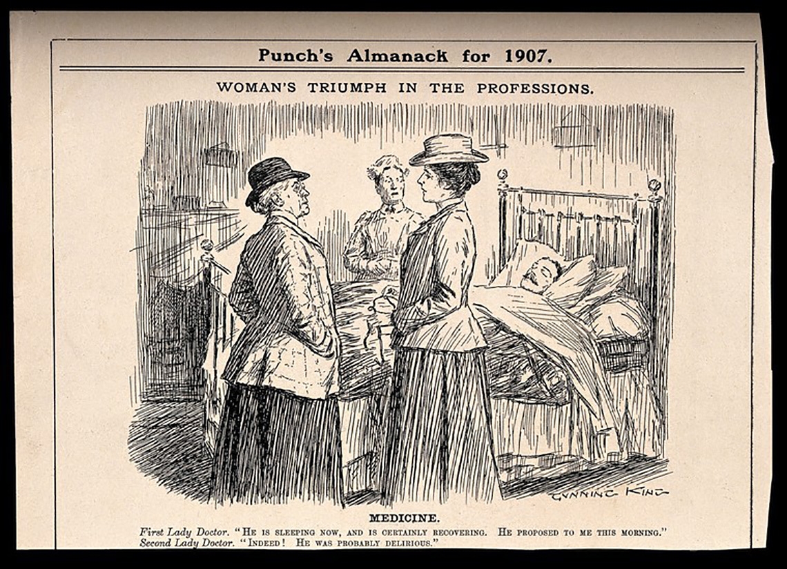  A black and white sketch of three women standing around a man in a bed. The title text reads 'Woman's triumph in the professions'