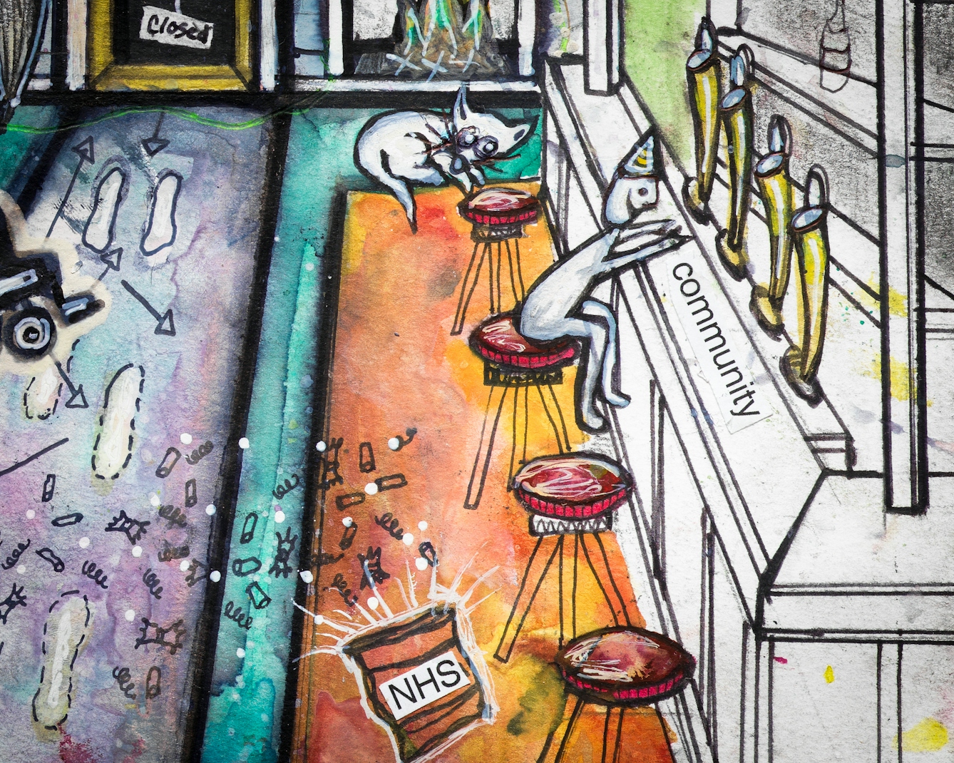 Artwork using watercolour and ink incorporating collaged words throughout the scene. The artwork shows a busy multi-coloured room. On the right hand side of the image is a bar, including someone sitting on one of the bar stools, and a packet of NHS crisps exploded on the floor. On the bar is the word ‘community’.  On a pathway along which arrows dart in different directions, stands a wheelchair, this separates the bedroom scene from the bar scene.