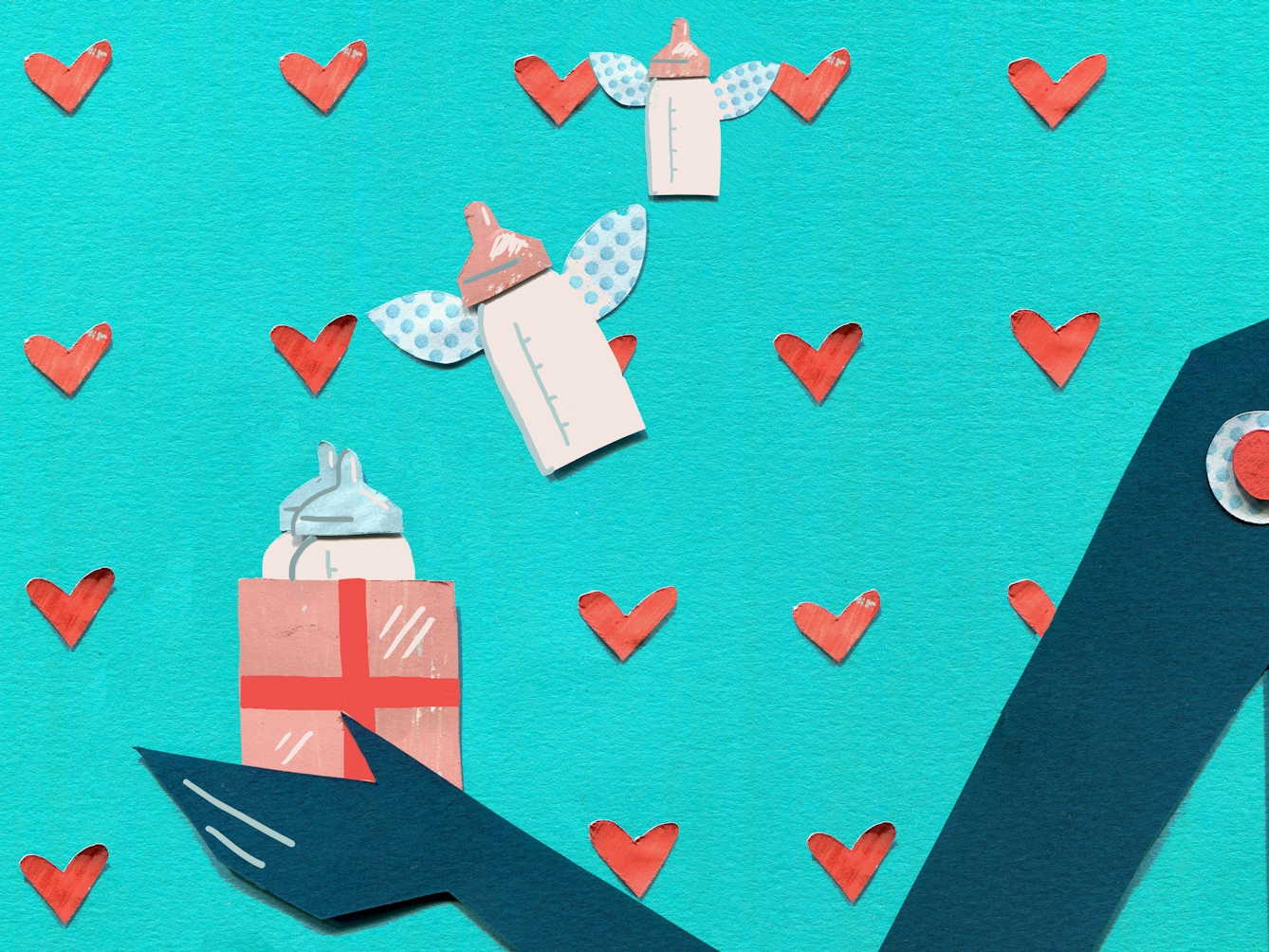 A mixed media illustration depicting baby bottles, some of which have wings and are flying amongst small red hearts.