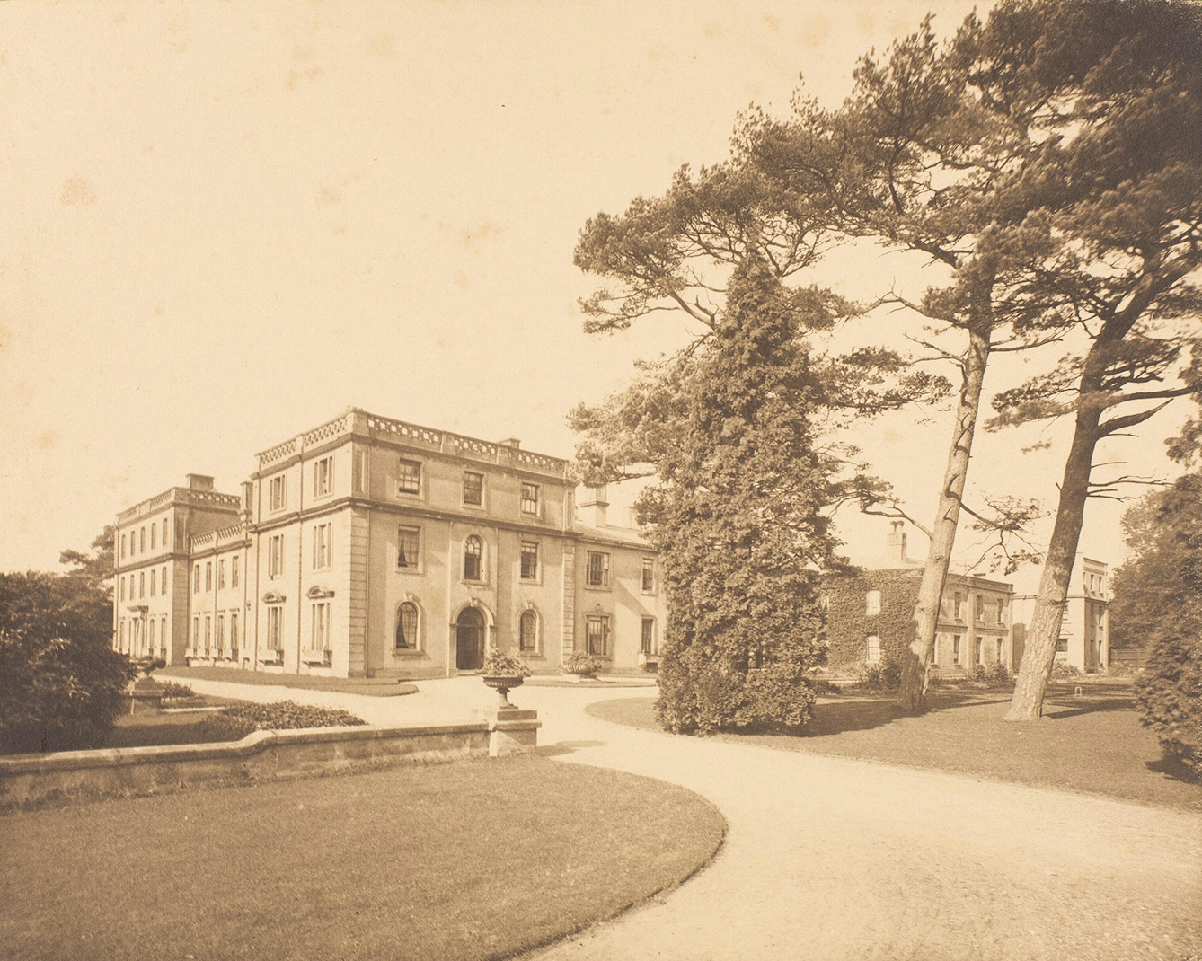 A page from a photo album showing Ticehurst Asylum, a grand building with a sweeping drive and mature trees in front of it.