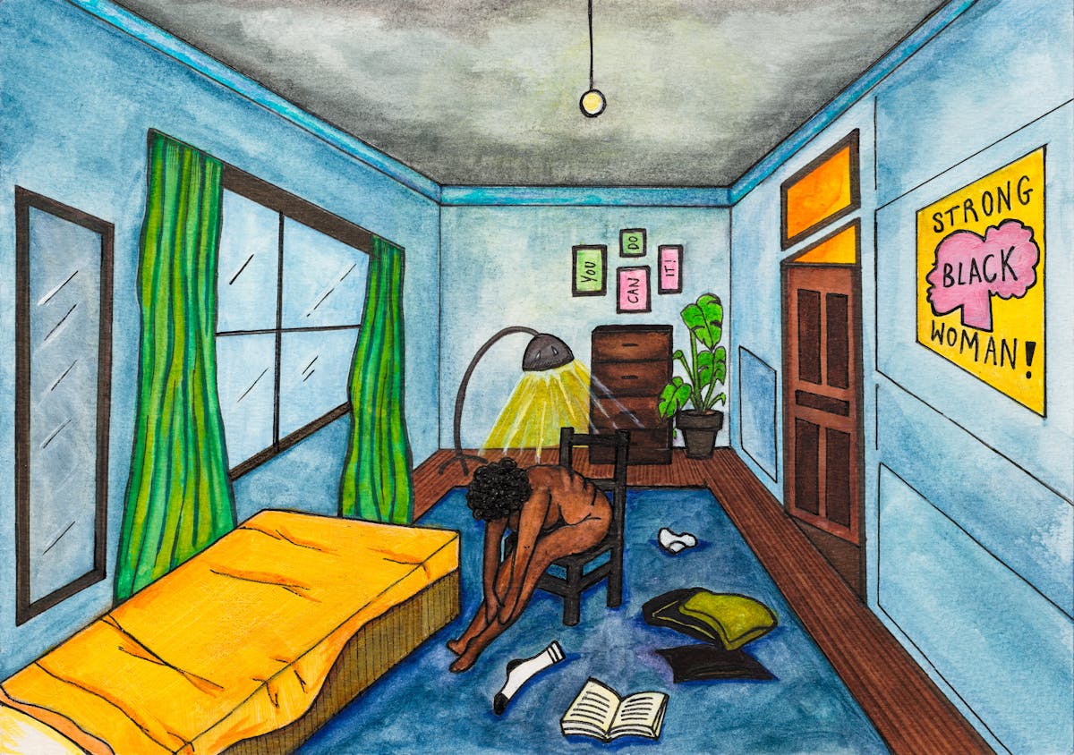 Colourful artwork made with paint and ink on textured watercolour paper. The artwork shows a scene in a bedroom with predominantly hues of blues, greens and yellows. To the left is a single bed on the blue carpet. Sat next to the bed on a chair is a naked Black woman. In front of her on the floor is a sock, an open book and pillows. She is stretched forward with her hands near her ankles. Her head is bowed obscuring her face. On the wall to the right is a large yellow poster with the words 'Strong Black Woman!' Written across a drawing of a Black woman's head seen in profile. At the back of the room is a chest of drawers above which hangs 4 picture frames, one word in each, spelling out the phrase, 'you can do it!'.