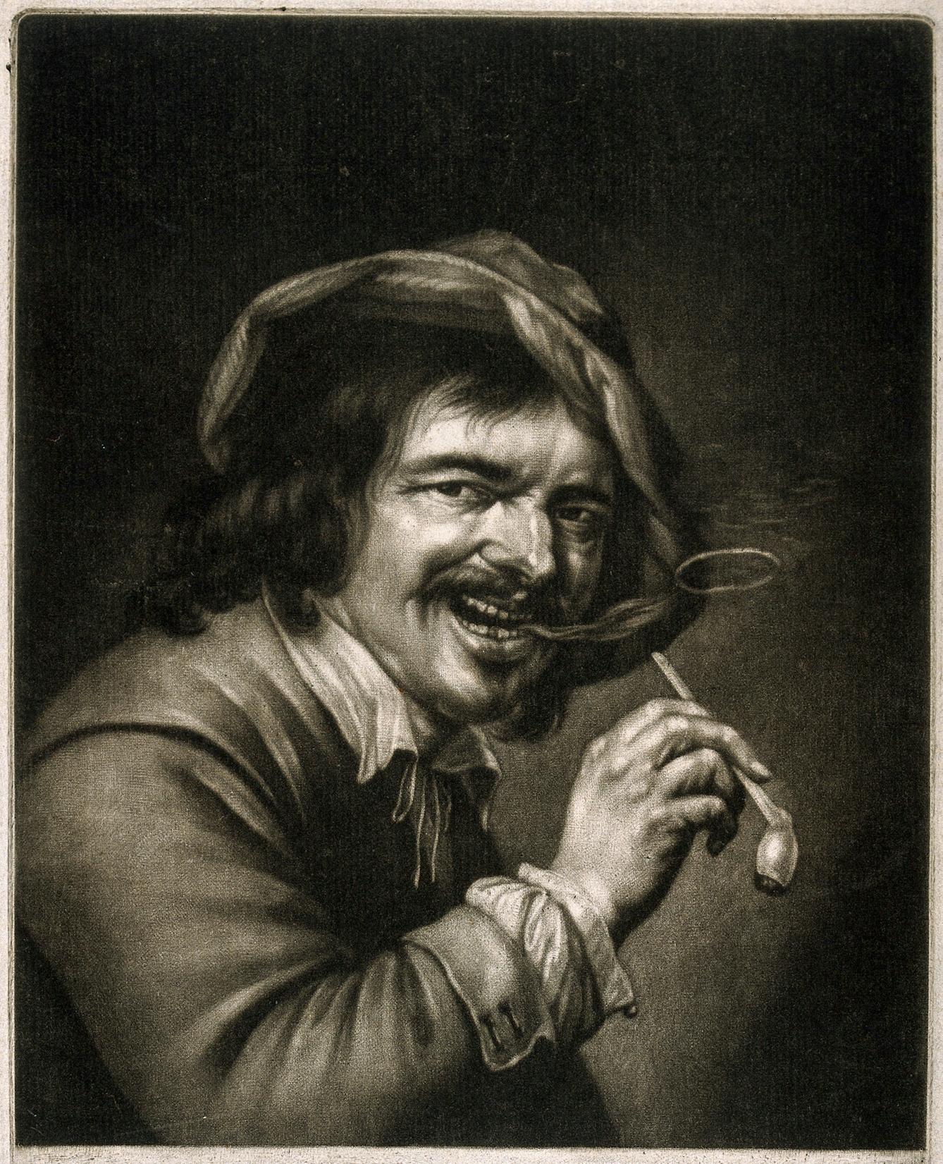 Monochrome mezzotint of a man holding a tobacco pipe and blowing a smoke ring.