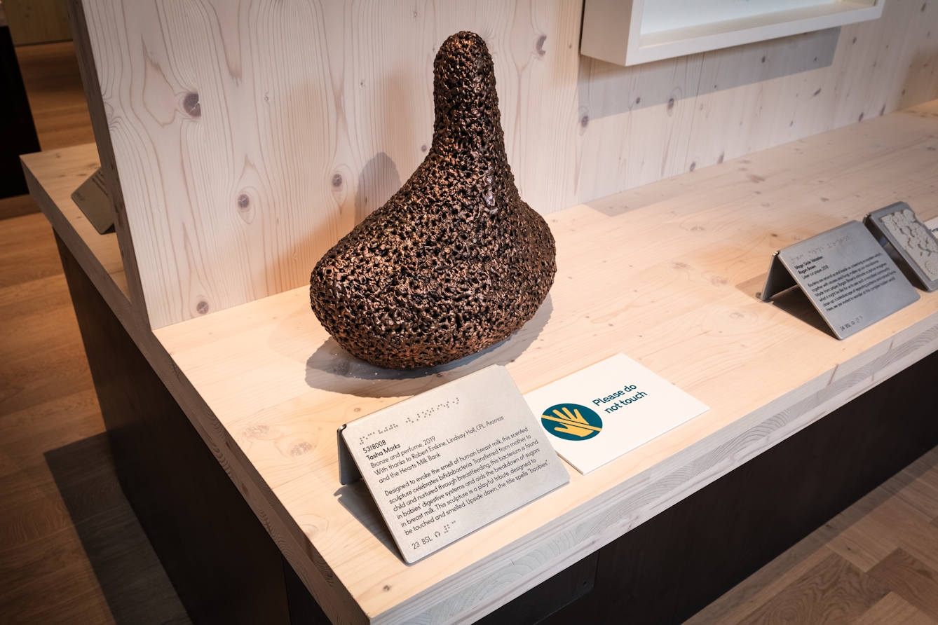 Photograph of an exhibition gallery space and a display surface on which is an artwork made of metal, in an organic shape. In front of the artwork is a raised captions panel in text and braille and a large sign with the words 'Please do not touch'.