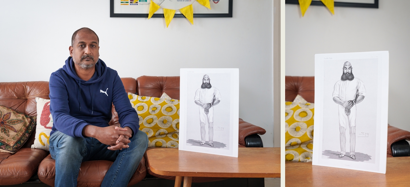 Photographic diptych made up of a landscape oriented image on the left and a portrait orientated image on the right. The left hand image shows a portrait of a man in a checked blue hooded top sitting on a sofa looking to camera. Next to him on a coffee table is a propped up print of an archive drawing of a cricketer in full kit with a large beard. The image on the right is a closeup detail of the archive image.