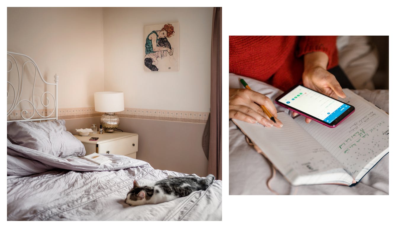 Photographic diptych showing a bedroom with a cat asleep on the bed, on the left and a close-up of hands holding a smartphone, a pen and a note book on the right.