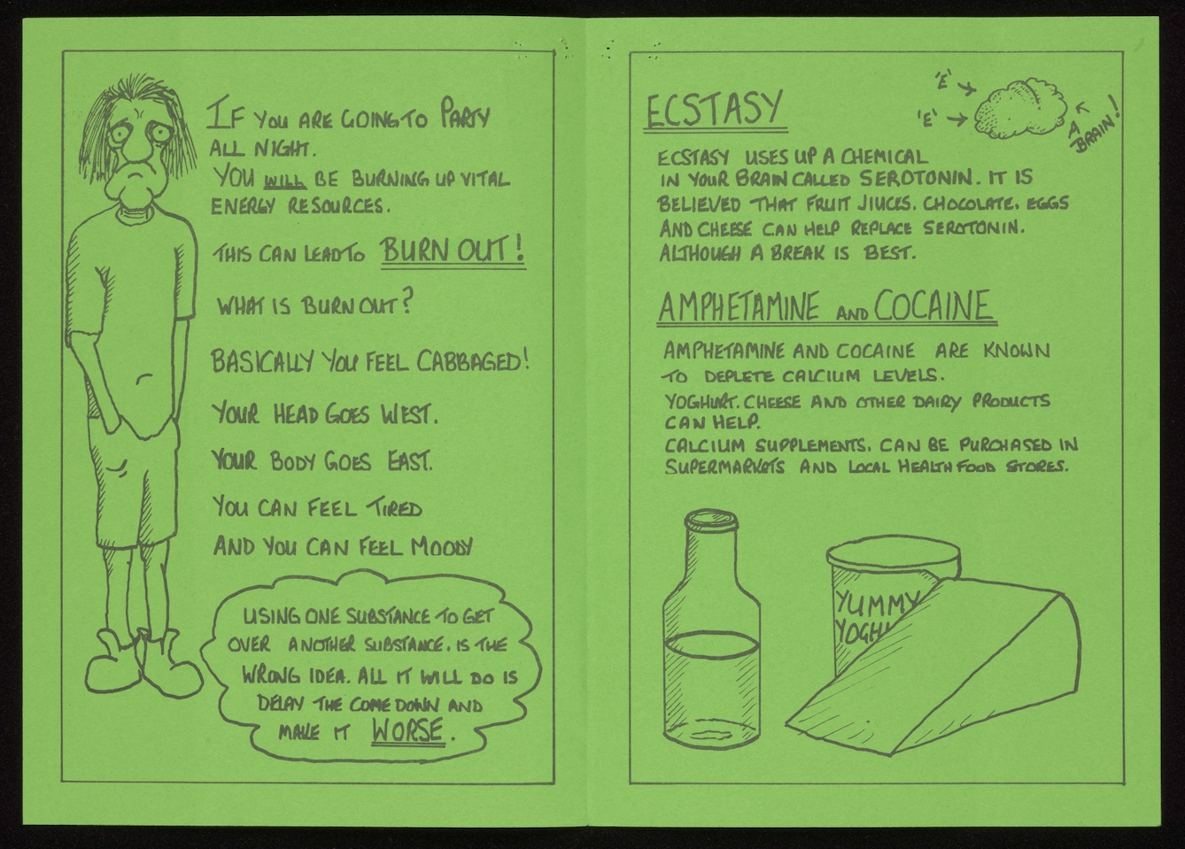 Handmade leaflet with black handwriting and drawing on green paper.
