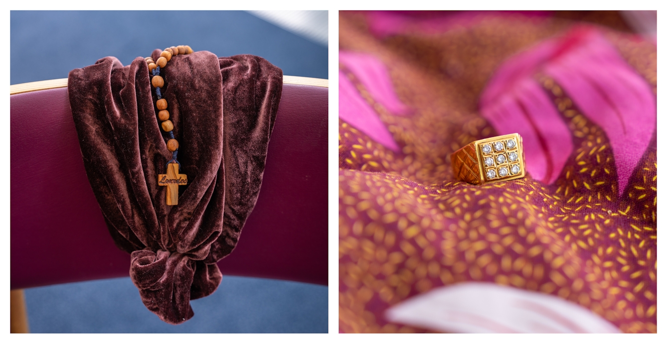 Two photographs displayed side by side. One shows a textured bonnet, over which is drapped a wooden rosary. The second shows a gold ring with a grid of nine stones, shown against a background of colourful material.