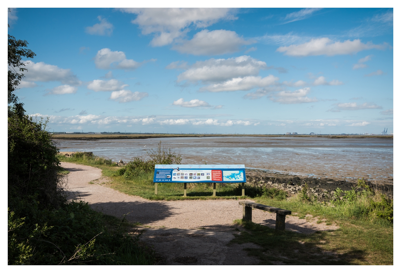 Colour photograph of an expanse of water, mud and wetland in an estuary country park setting. In the centre of the image is a long wooden board on four posts with a large blue and white illustrated information sheet attached to it, showing a map, photographs and local wildlife information. A footpath snakes away to the left and to the right is a simple wooden bench.