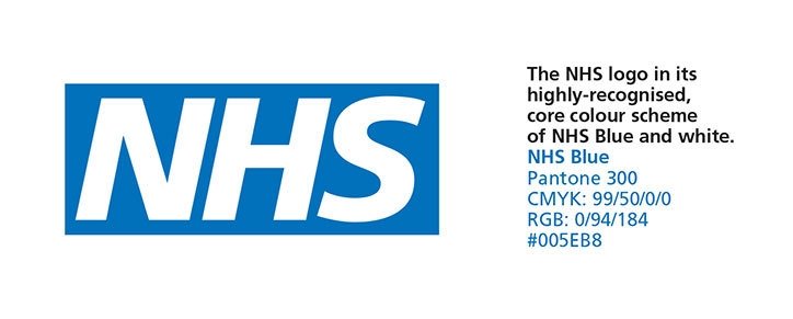 NHS logo with key information as per the NHS England style guidelines, with the logo accompanied by Pantone, CMYK, RGB and hex references for the colour.