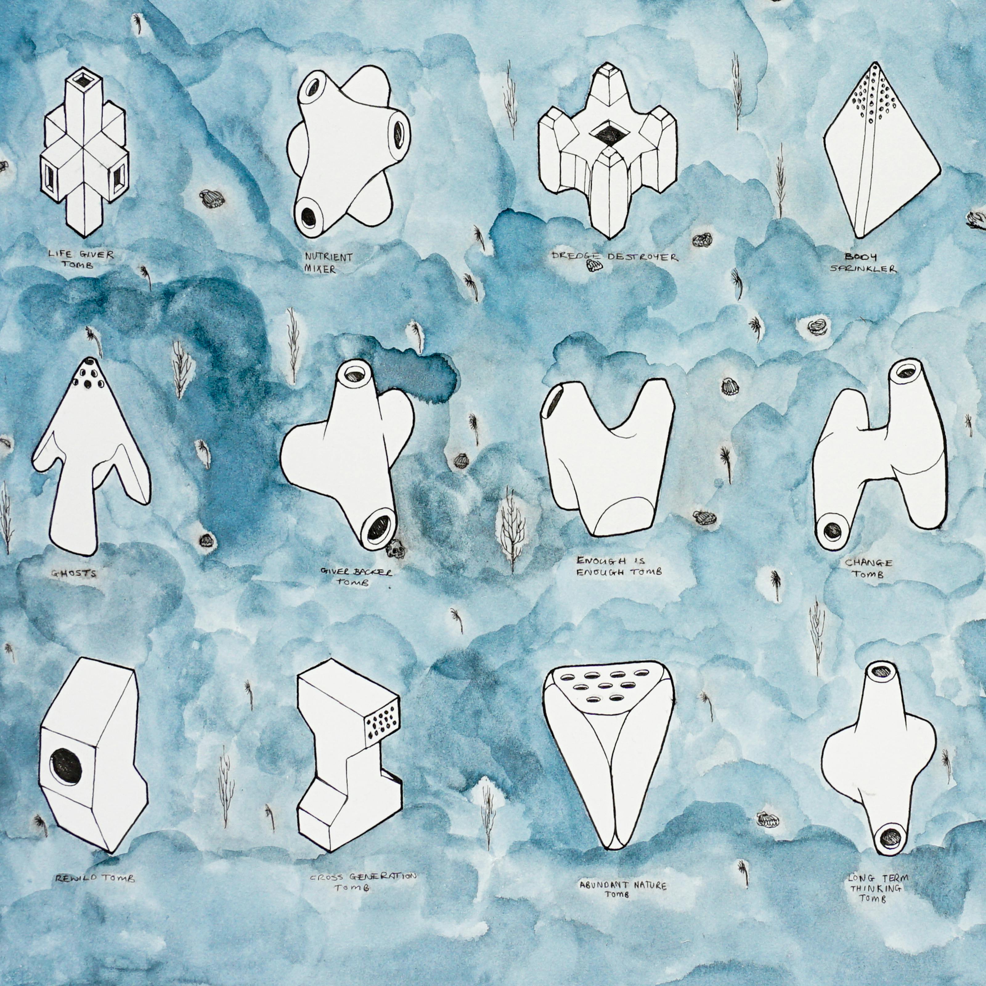 Illustration in watercolour and black ink. The background is made up of a blue watercolour wash forming patches of varying tones. In white, outlined in black ink on top of the blue are 3 rows of distinctly shaped 3D objects. Under each object is a short title, such as 'change tomb' and nutrient mixer'.