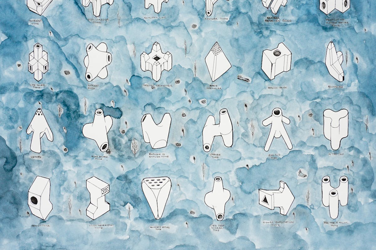 Illustration in watercolour and black ink. The background is made up of a blue watercolour wash forming patches of varying tones. In white, outlined in black ink on top of the blue are 3 rows of distinctly shaped 3D objects. Under each object is a short title, such as 'change tomb' and nutrient mixer'.
