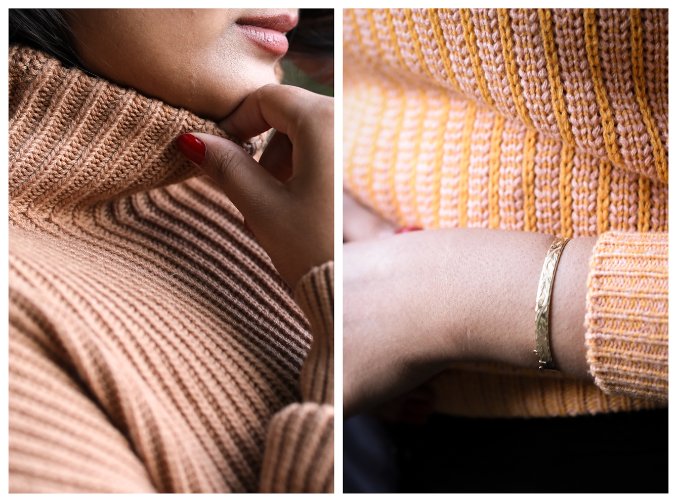 Photographic diptych. The image on the left shows a close-up of a woman wearing a woollen knitted high necked cream coloured jumper. At the top of the frame her lips can just be seen in profile. Her right hand is gently holding the top of the neck of the jumper between her thumb and forefinger. The texture of the jumper can clearly been seen. The image on the right is also a close-up of a woman wearing an orange patterned woollen knitted jumper, but shows her torso. Her left arm is held across her body and a short section of her skin can be seen around her wrist and lower arm. She is wearing a gold bracelet.
