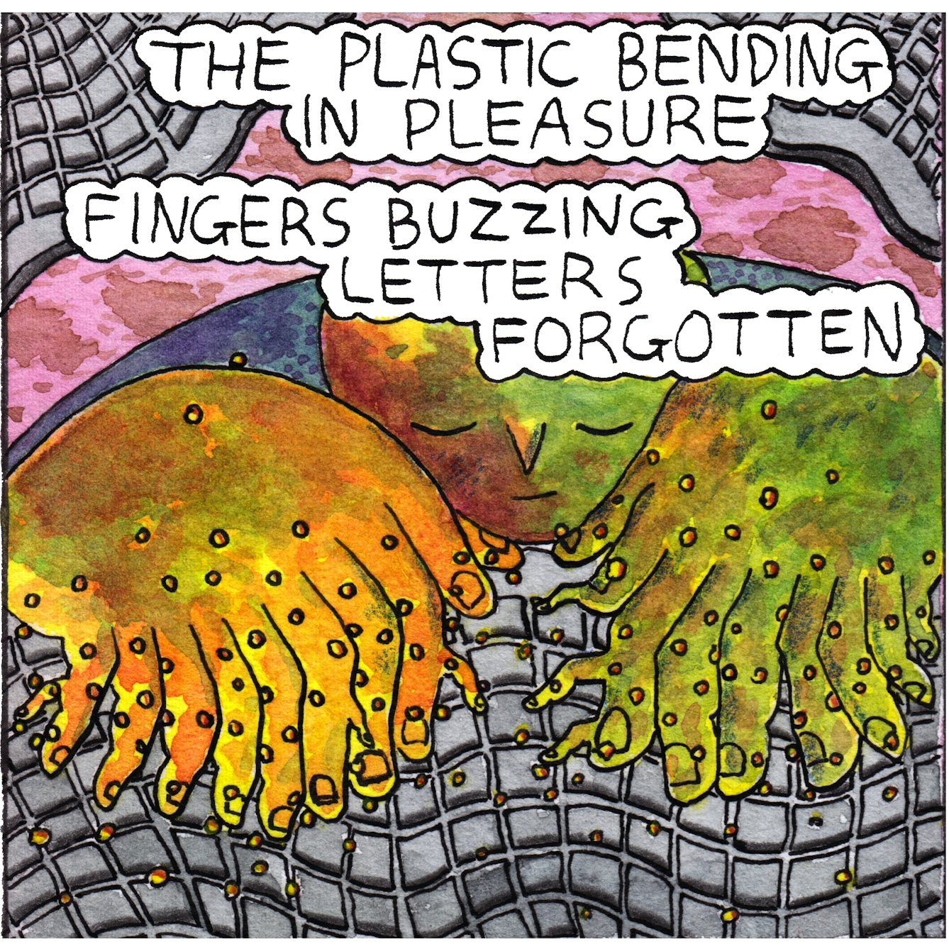 Panel 5 of the webcomic 'Doing emails' shows the same downcast figure slumped over a keyboard. Their large hands have expanded to 9-10 fingers on each hand and several smaller fingers sprout from the larger fingers. The huge hands rest on an equally large and distorted keyboard with undulating keys. Two similar keyboards appear in each of the top corners of the panel, as if wrapping around the figure. The text bubble at the top of the panel says: The plastic bending in pleasure. Fingers buzzing 