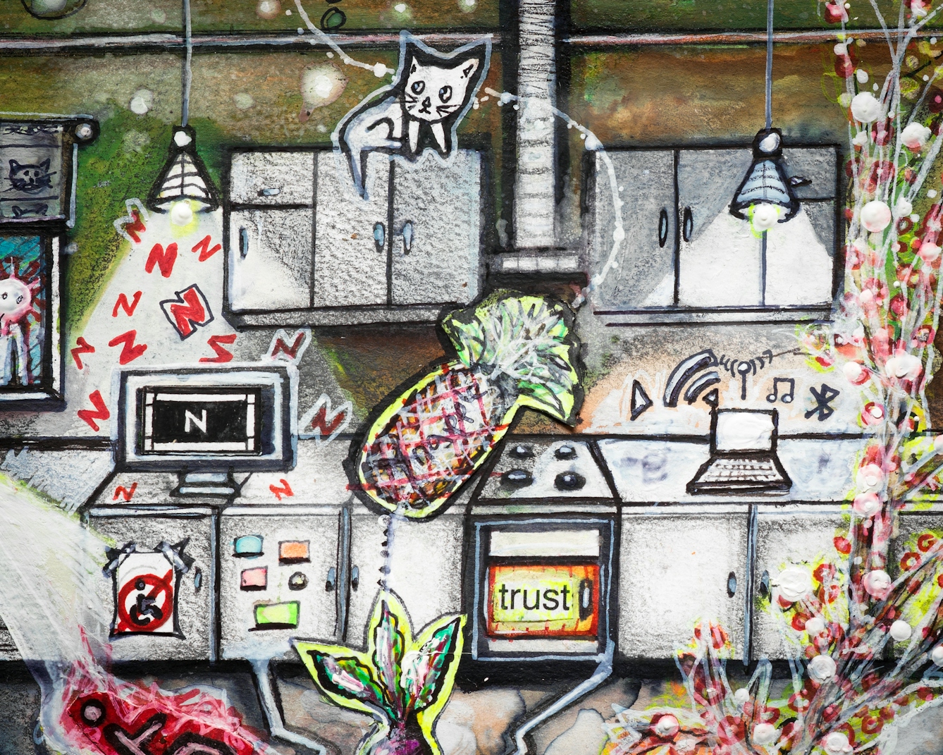 Artwork using watercolour and ink incorporating collaged words throughout the scene. The artwork shows a busy multi-coloured room with kitchen units in the background.  On a fridge with a no access sign and a wheelchair within it, stands a screen with the letter ‘N’. Red ‘N’ letters float in the air around it. The oven has the word ‘trust’ on it, and on the worktop is a laptop with icons above it indicating it is playing music. In the foreground, a pineapple and a cat appear to float in the air. 