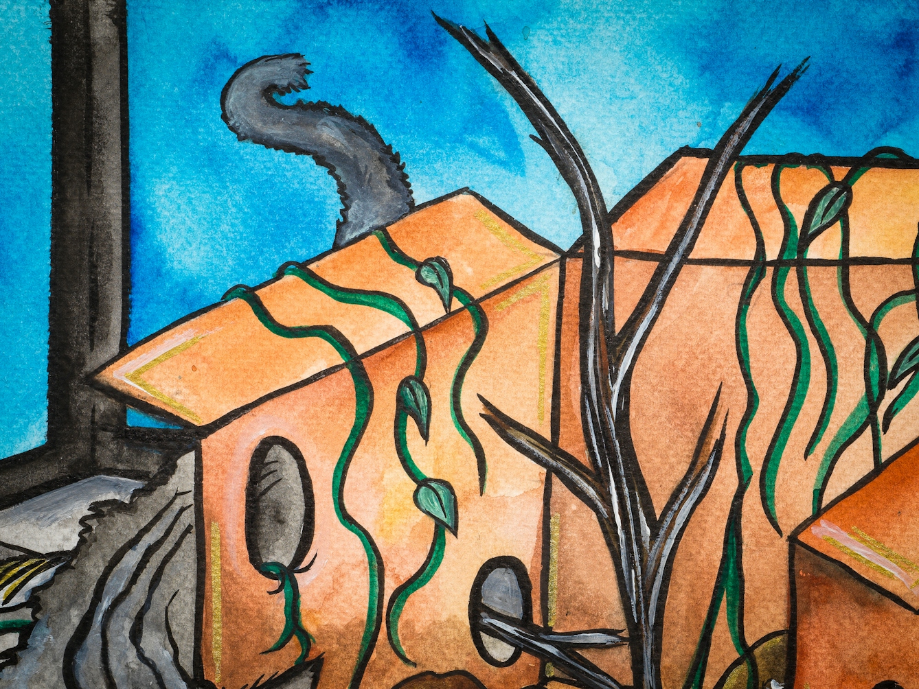 Detail from a larger colourful artwork. The artwork shows a flatpack box with several holes in it. There are tree branches and vines growing up through the box and a cat's tail extending above the box. 
