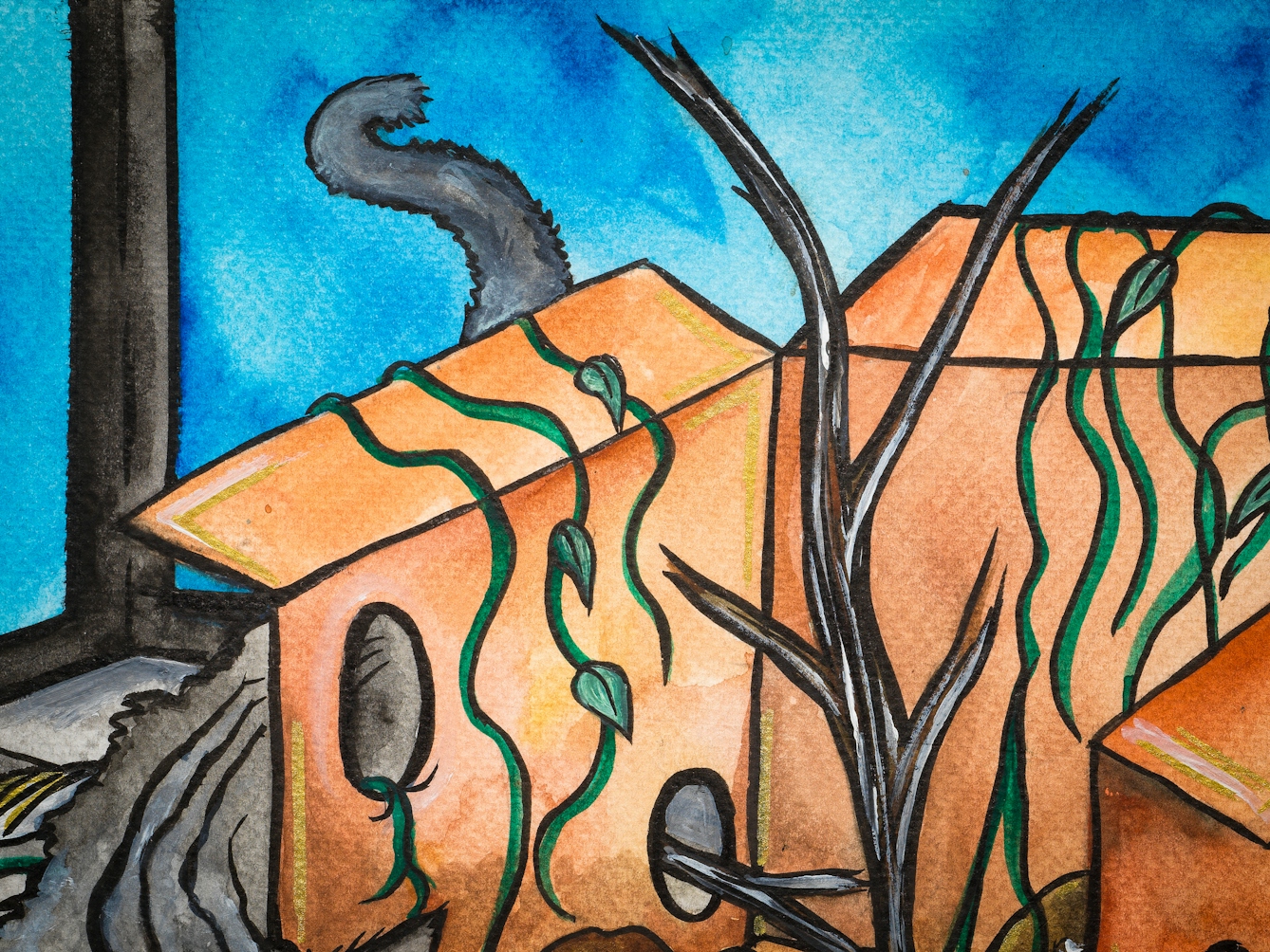 Detail from a larger colourful artwork. The artwork shows a flatpack box with several holes in it. There are tree branches and vines growing up through the box and a cat's tail extending above the box.