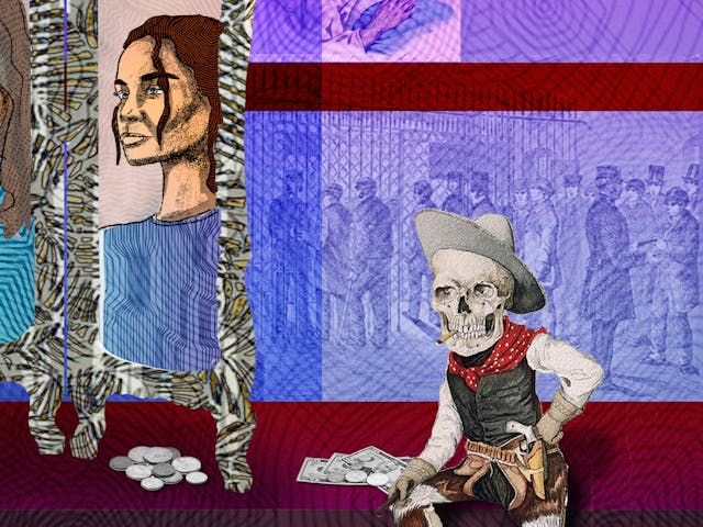 Detail from a larger abstract digital illustration depicting a woman with long hair looking into a dressing table mirror which has three angled sides. Looking back from the mirror is her own reflection as well as those of her mother and her daughter. Surrounding the mirror are images of medication, money and bills as well as a figure representing death. Overall colours for the scene are purples, blues and maroons.