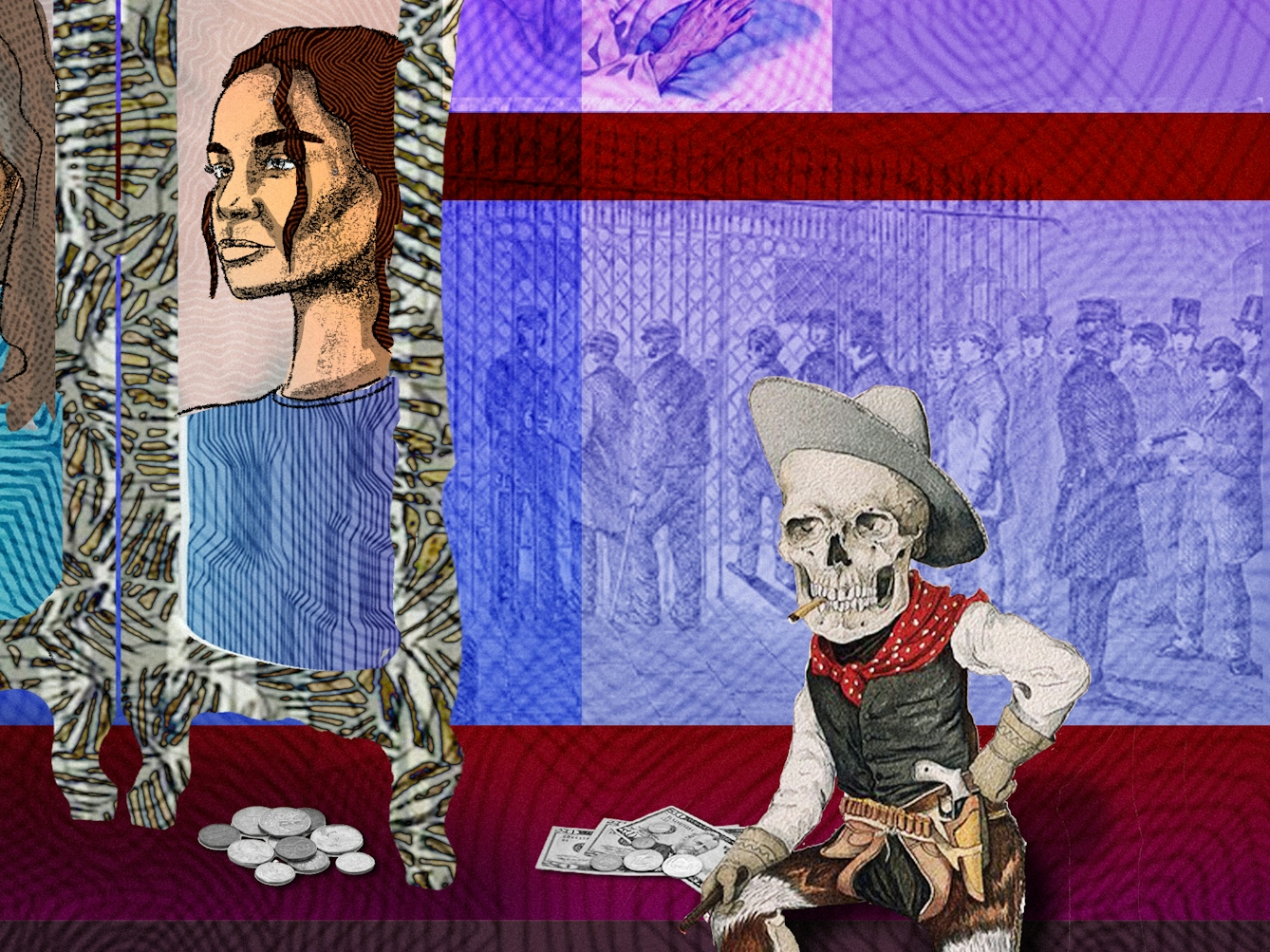 Detail from a larger abstract digital illustration depicting a woman with long hair looking into a dressing table mirror which has three angled sides. Looking back from the mirror is her own reflection as well as those of her mother and her daughter. Surrounding the mirror are images of medication, money and bills as well as a figure representing death. Overall colours for the scene are purples, blues and maroons.