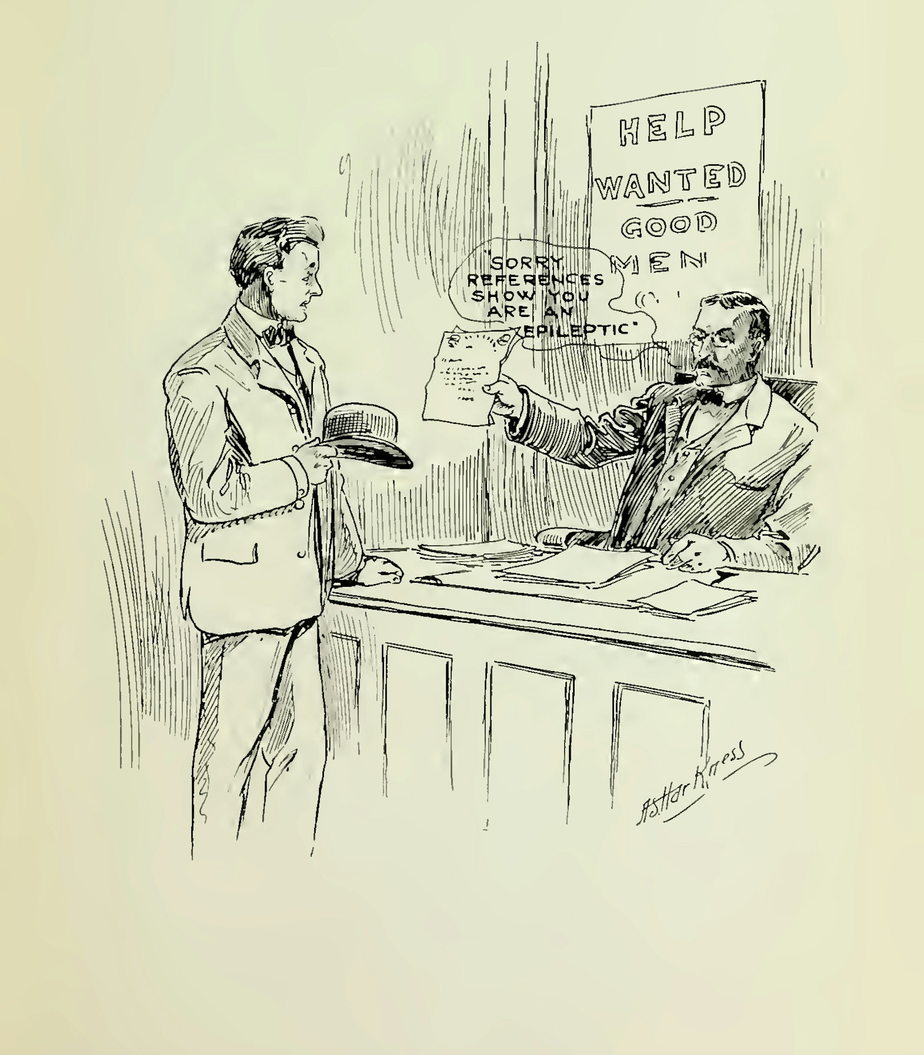 A drawing of an employer sat behind a desk showing a piece of pater to another man standing in front of the desk, hat in hand, a piece of paper.