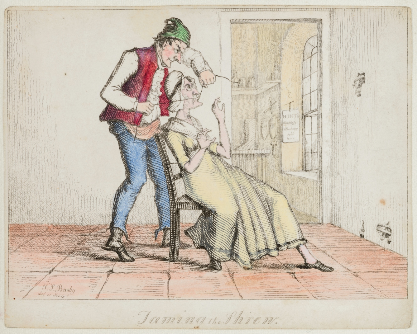 Colour illustration showing a man standing over a seated woman, sewing up her mouth
