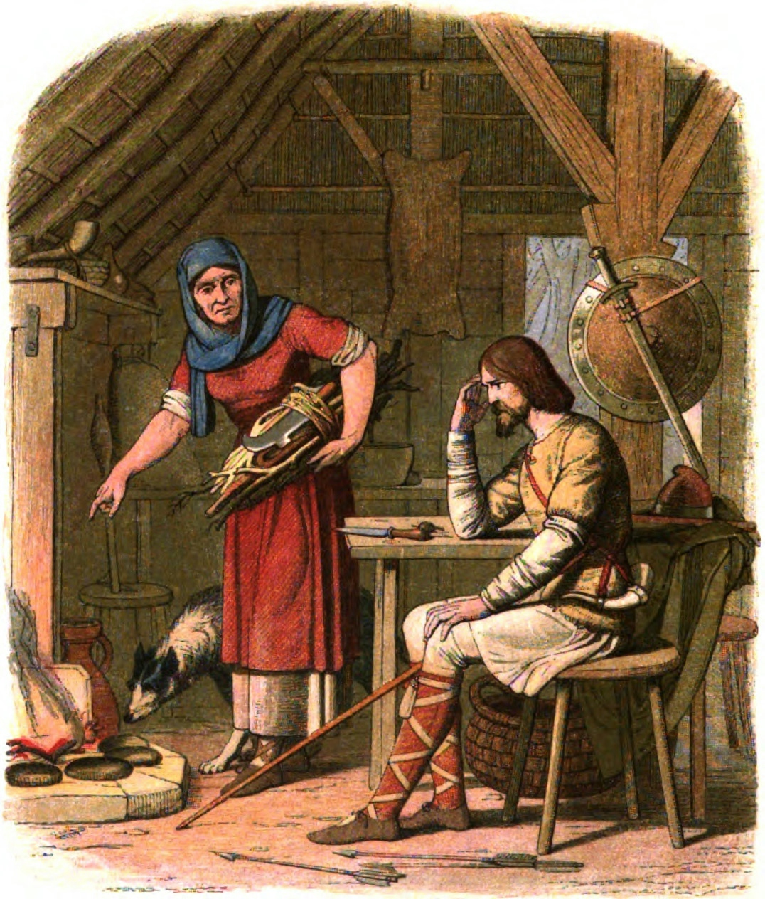 Artwork depicting King Alfred the Great being scolded by a peasant woman for burning her cakes. 

The artworks shows Alfred sat on a chair with his sword and shield behind him in a small peasant house. A woman is carrying a bunch of firewood and pointing angrily at her burnt cakes which are lying next to the fire. A black and white dog is smelling the cakes.