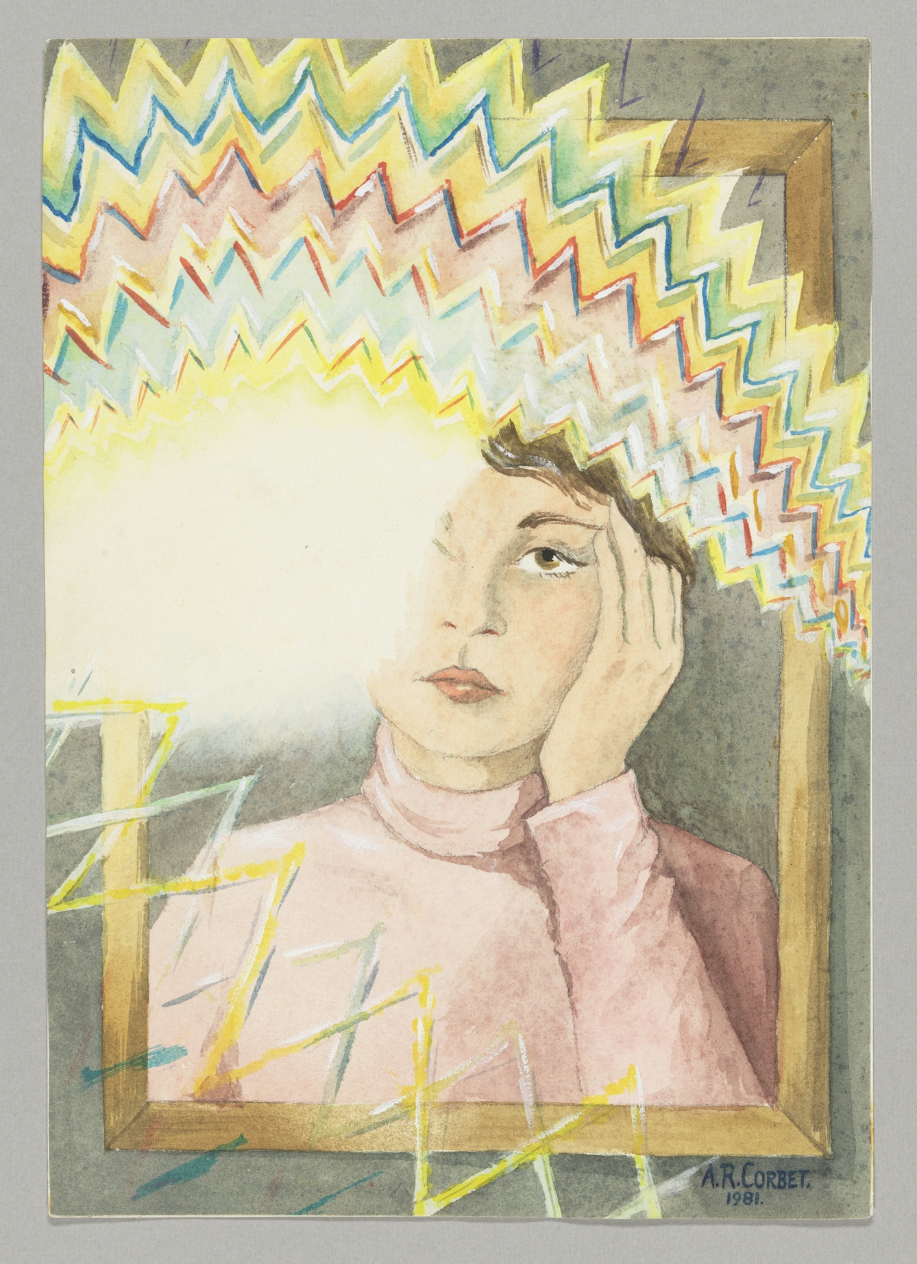A woman's reflection looks out from a mirror at the viewre. The woman is waring a pink roll-neck jumper and her head rests against her left hand, just touching her short brown hair. The top third of the mirror is obscured by a strong multicoloured zigzag pattern across the image which just reaches the woman's forehead. Her right eye is blotted out by a bright white light that emerges from the zigzag pattern above. The woman's expression is resigned and unsmiling.