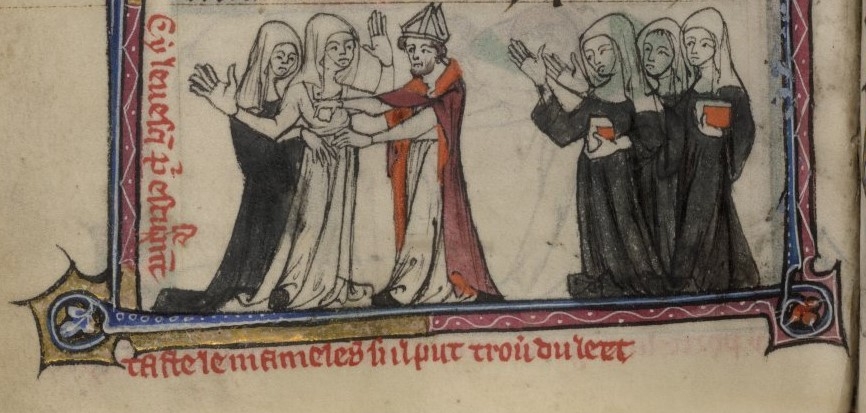 Colour image of a medieval manuscript showing a drawing of an abbess, held by a nun, raising her arms with a bishop groping her breast, while three nuns look on.