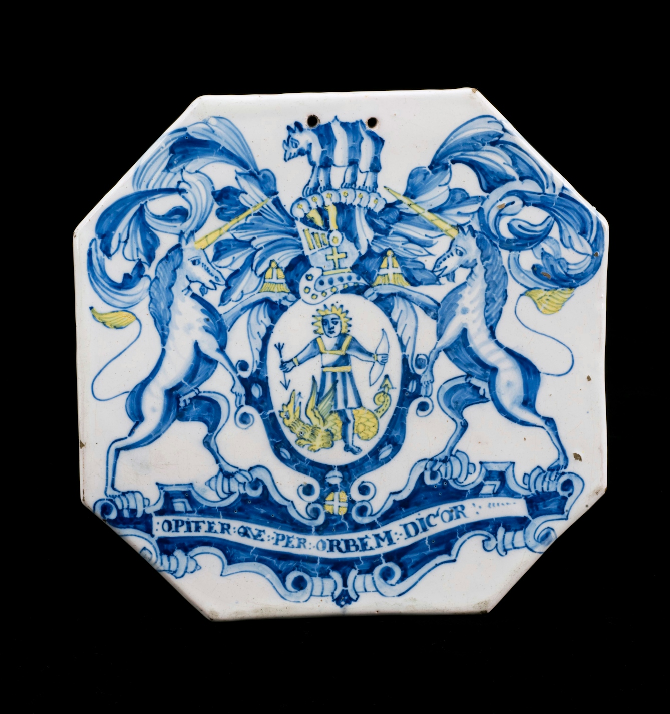 17th century octagonal pill tile featuring the coat of arms of the Royal Society of Apothecaries, London