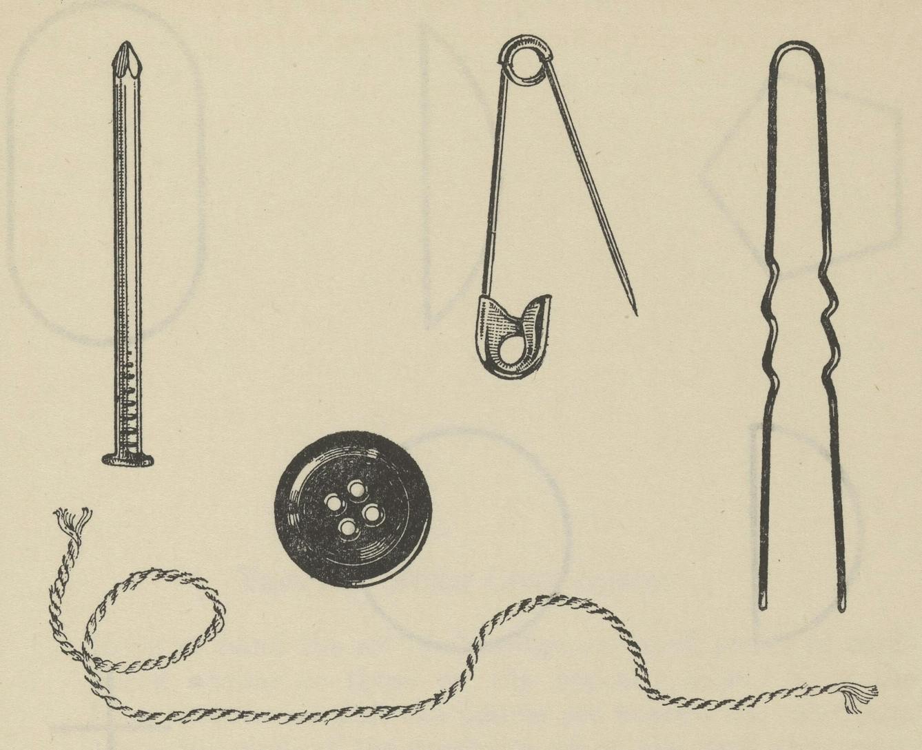 Black and white line drawing showing several objects including a button, a safety pin, a piece of string and a nail.