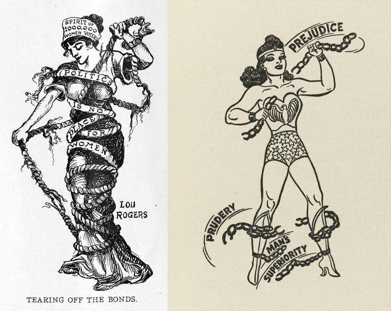 Two black and white cartoon images showing women breaking free of chains.