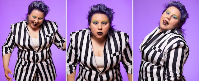 Photographic triptych showing a performer from the waist up, dressed in a black and white vertical striped suit. Their sleeves are pulled up to show their forearms. In the image on the left they are leaning forwards in mid laugh. In the image in the middle, they are leaning forwards looking straight into the camera with a hard stare. In the image on the right they are turned slightly to the left with their head tilted back and their tongue licking their top set of teeth. In all the images their hair has a blue tint and their eyes are made up with blue and yellow make-up.Behind them, the background is a graduated purple tone.
