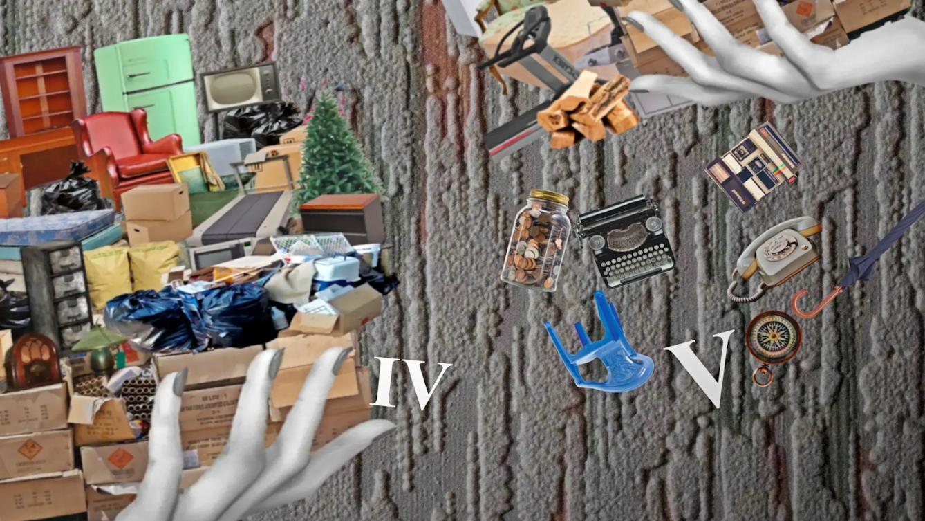 Crop of a colourful digital collage. Shown are two black and white hands emerging from different sides of the image. Each of the hands is holding different amounts of household furniture. A white roman numeral is positioned next to each hand, and the left hand is labelled 'IV' and the right hand below it is labelled 'V'. A higher number corresponds to a larger amount of furniture held in the hand. The background consists of a light grey textured wallpaper.