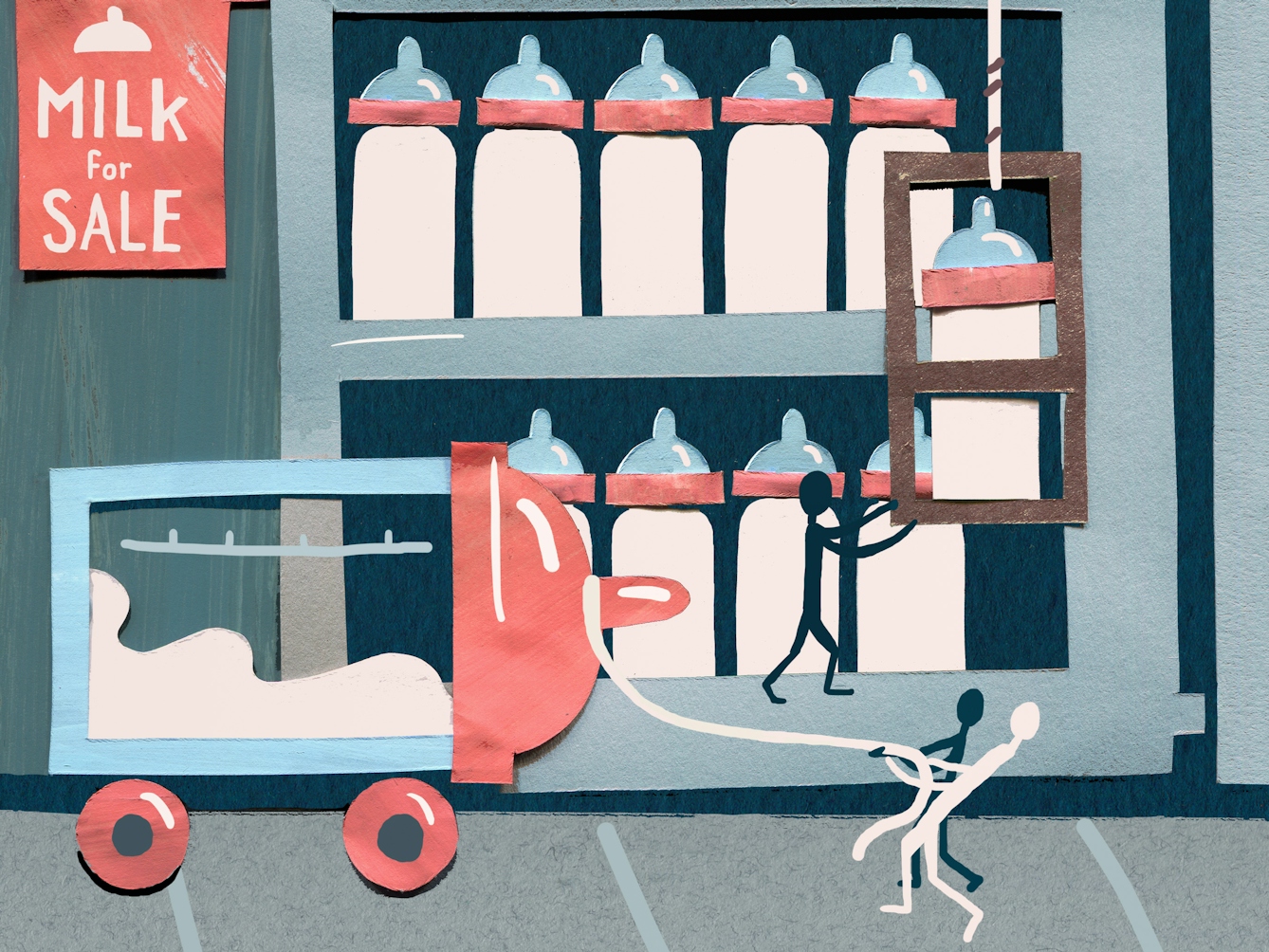 A mixed media illustration depicting fridges of baby bottles filled with milk. Tiny stick figure people are moving the bottles around. One bottle is being lowered as if by a crane and the other has wheels on it and is being dragged across the floor.