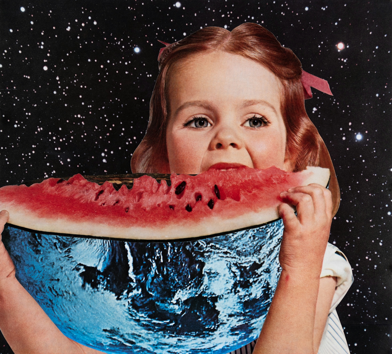 Paper collage artwork of a large girl eating a watermelon, where the skin of the watermelon has been replaced with the planet earth, against a backdrop of stars.