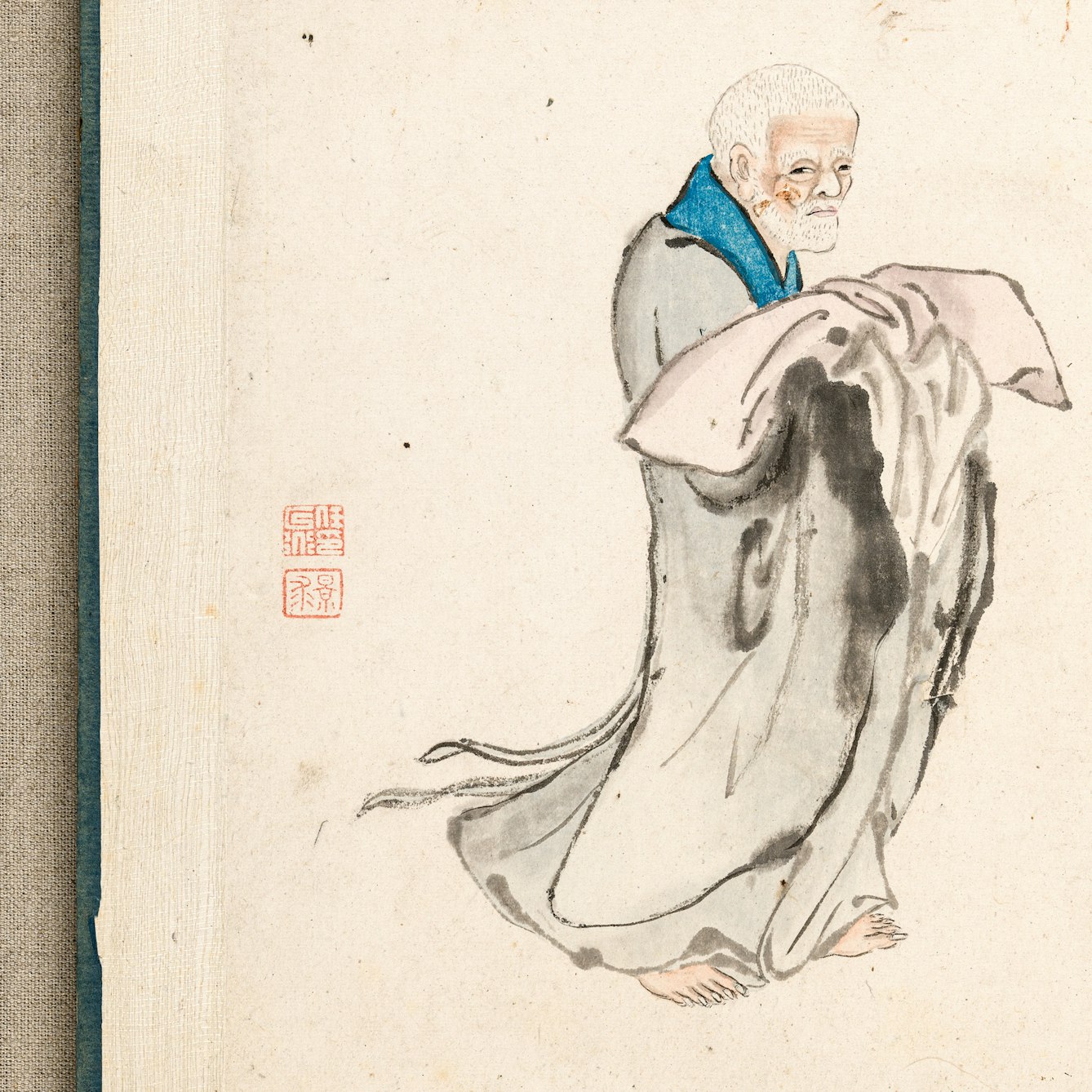 Painting of a Chinese man in grey robes holding a soft pillow.