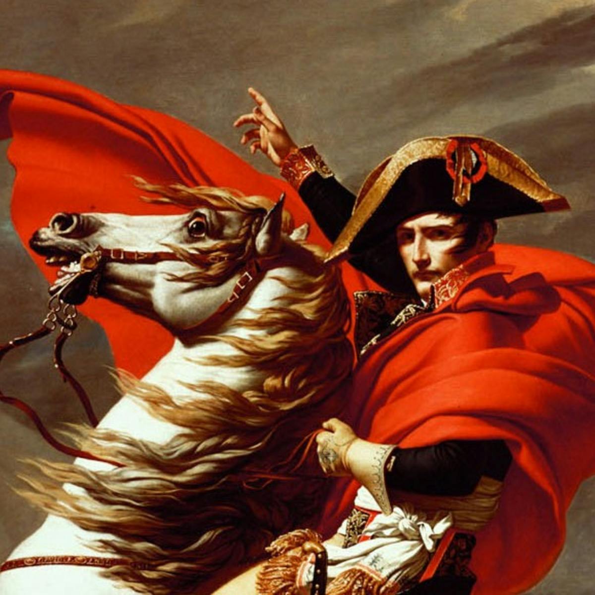 A military man in a red cloak sits astride a white horse, which is rearing up.